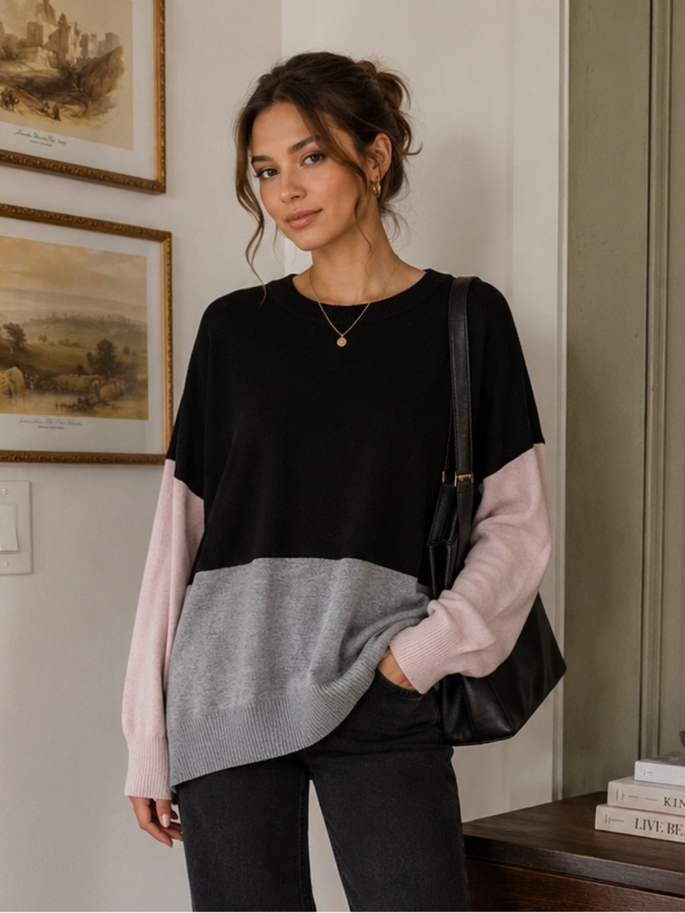 Dkny Colorblock Crewneck Sweater in Black, Gray & Light Pink